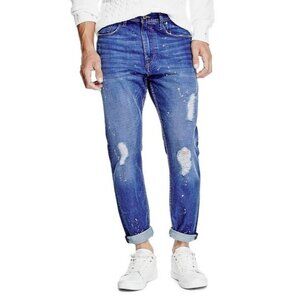Guess Men’s Relaxed Tapered Crop Jeans In Opulent Blue Wash With Destroy Size 32